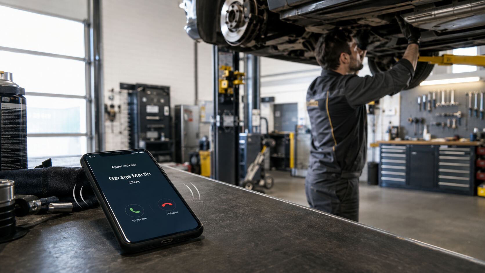 Un appel entrant s'affiche sur un téléphone posé sur l'établi pendant que le mécanicien travaille sous une voiture