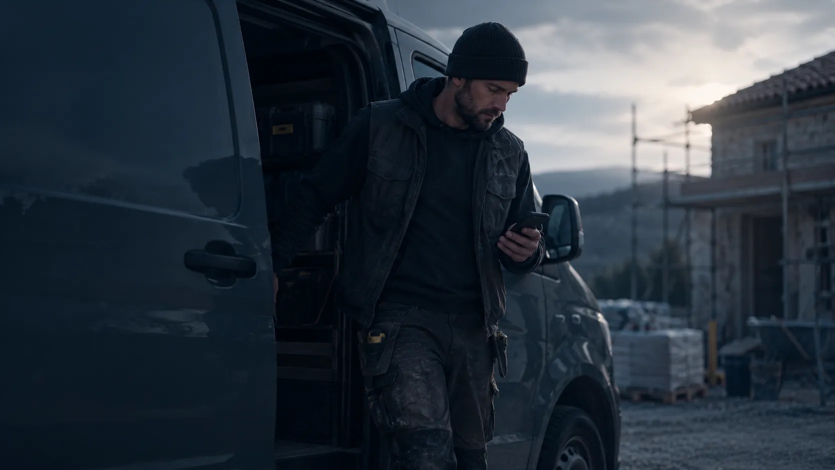 Un artisan descend de sa camionnette devant un chantier et consulte son téléphone